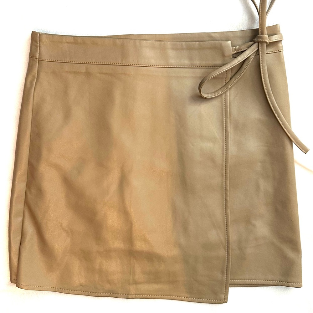 Adela Tan Faux Leather Wrap Mini Skirt M Shorts Liner NEW sexy party
